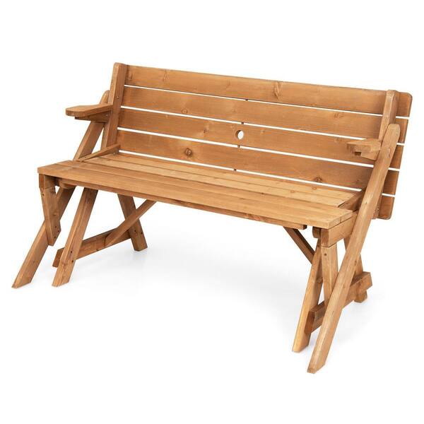 54 in. 2-in-1 Transforming Interchangeable Wooden Picnic Table Bench Set with Umbrella Hole
