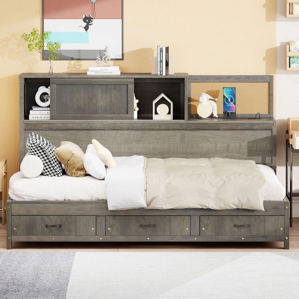 Walter Walter Gray Wood Frame Twin Size Daybed with 3-Storage Drawers, Shelf, USB Ports price history on PriceWatchPro