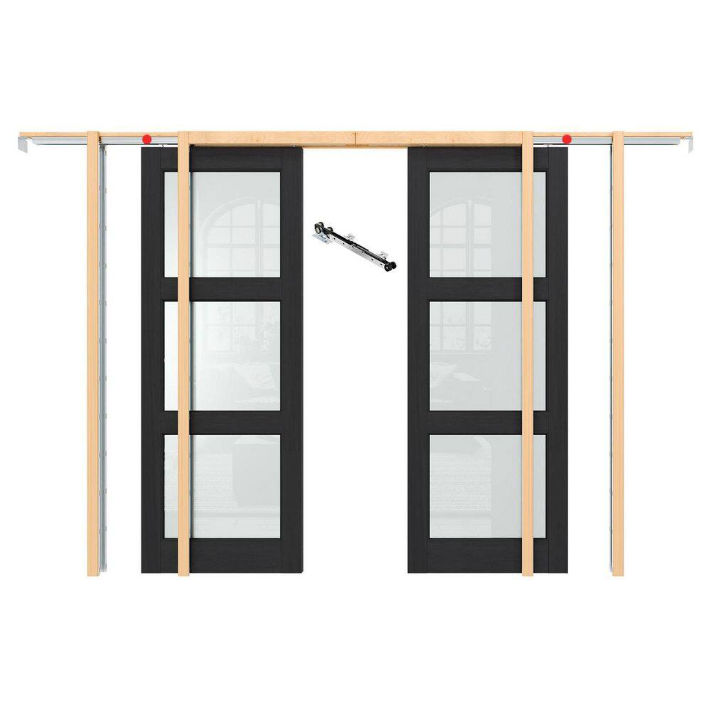 64 in. x 80 in. 3 Lite Frosted Tempered Glass Black PVC Coating MDF Wood Pocket Door with Frame Kit (Soft Close Include) price history on PriceWatchPro