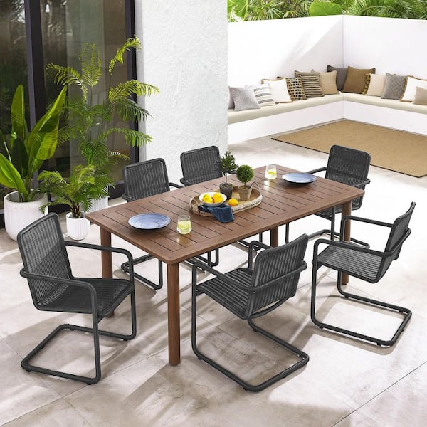 Abacus 7-Piece Rectangular Outdoor Patio Aluminum Dining Table Set with Rattan Armchairs in Slate Walnut
