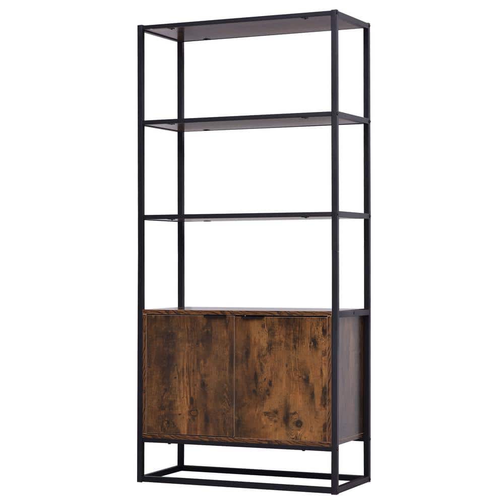 Brown Tall Baker's Rack with Open Shelves and Cupboard