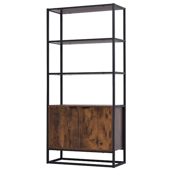 HOMCOM Modern 64 in. Brown Metal 3-Shelf Bookcase with Cabinets