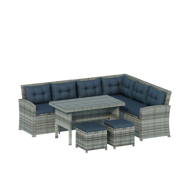 Willit Gray 6-Piece Wicker Patio Conversation Sectional Seating Set with Gray Cushions