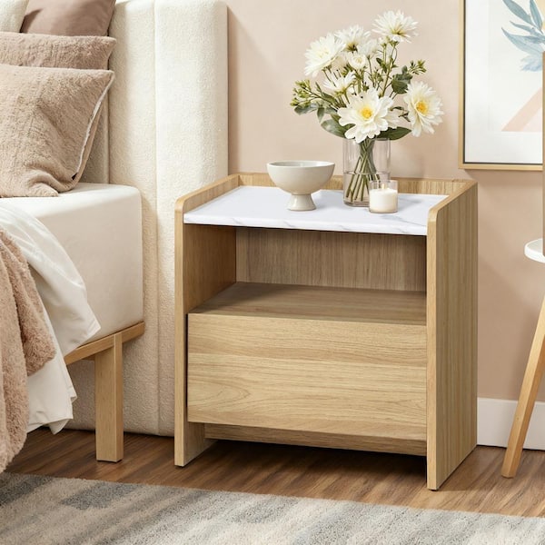 LuxenHome Hazel Oak 1 Drawer Nightstand and End Table with Storage