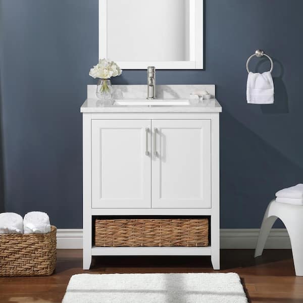 Home Decorators Collection Newhall 30 in. W x 22 in. D x 34 in. H Single Sink Bath Vanity in White with White Engineered Marble Top