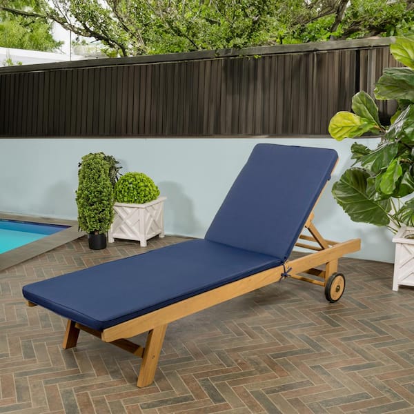 JONATHAN Y Mallorca 77.56"x23.62" Classic Adjustable Acacia Wood Outdoor Chaise Lounge Chair with Cushion & Wheels, Navy/Natural