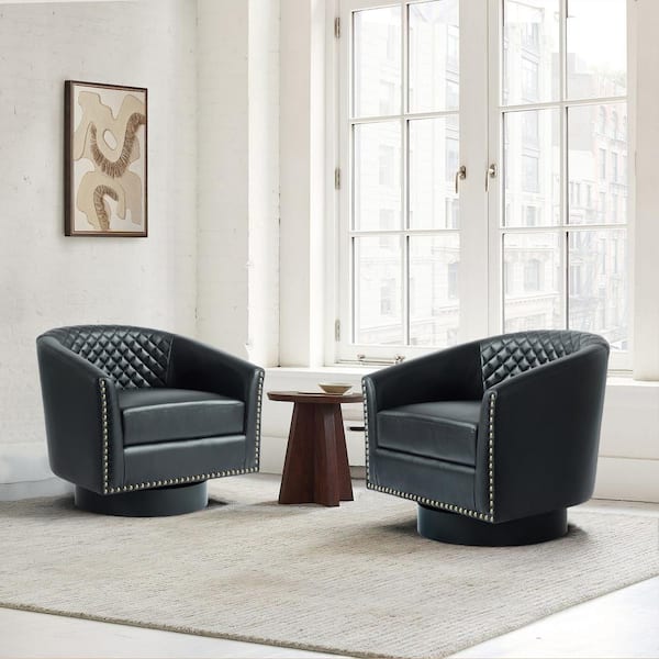 Mid-Century Black PU Leather 360° Swivel Accent Arm Chair with Nailhead Trim (Set of 2)