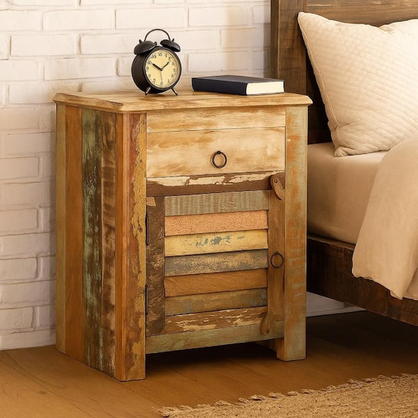 Nolan Brown and Blue and Yellow and Brass 1 Drawer 17.7 in. W Nightstand