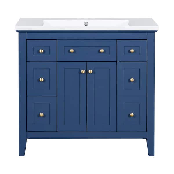 JimsMaison 36 in. W x 18 in. D x 34 in. H Single Sink Freestanding Bath Vanity in Blue with White Resin Top
