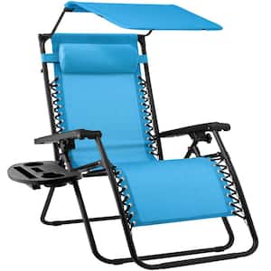 Zero Gravity Folding Reclining Light Blue Fabric Outdoor Lawn Chair w/Canopy Shade, Headrest Tray