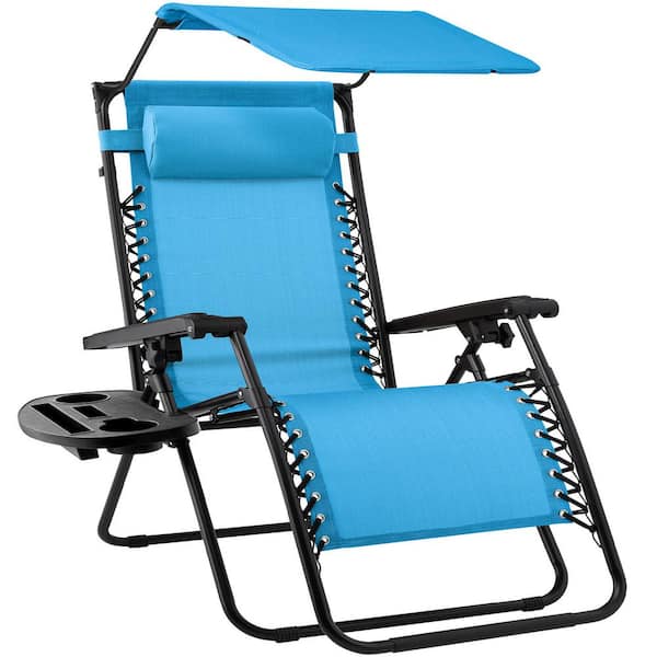 Best Choice Products Zero Gravity Folding Reclining Light Blue Fabric Outdoor Lawn Chair w/Canopy Shade, Headrest Tray