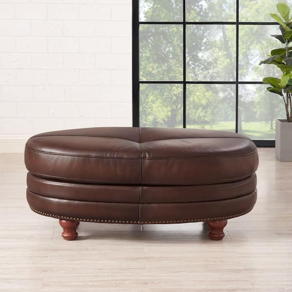 Belfast Vintage Caramel Brown 100% Leather Oval Ottoman