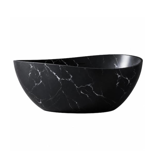 63 in. Solid Surface Oval Freestanding Soaking Bathtub with Wave Rim in Matte Black Marquina Marble Look