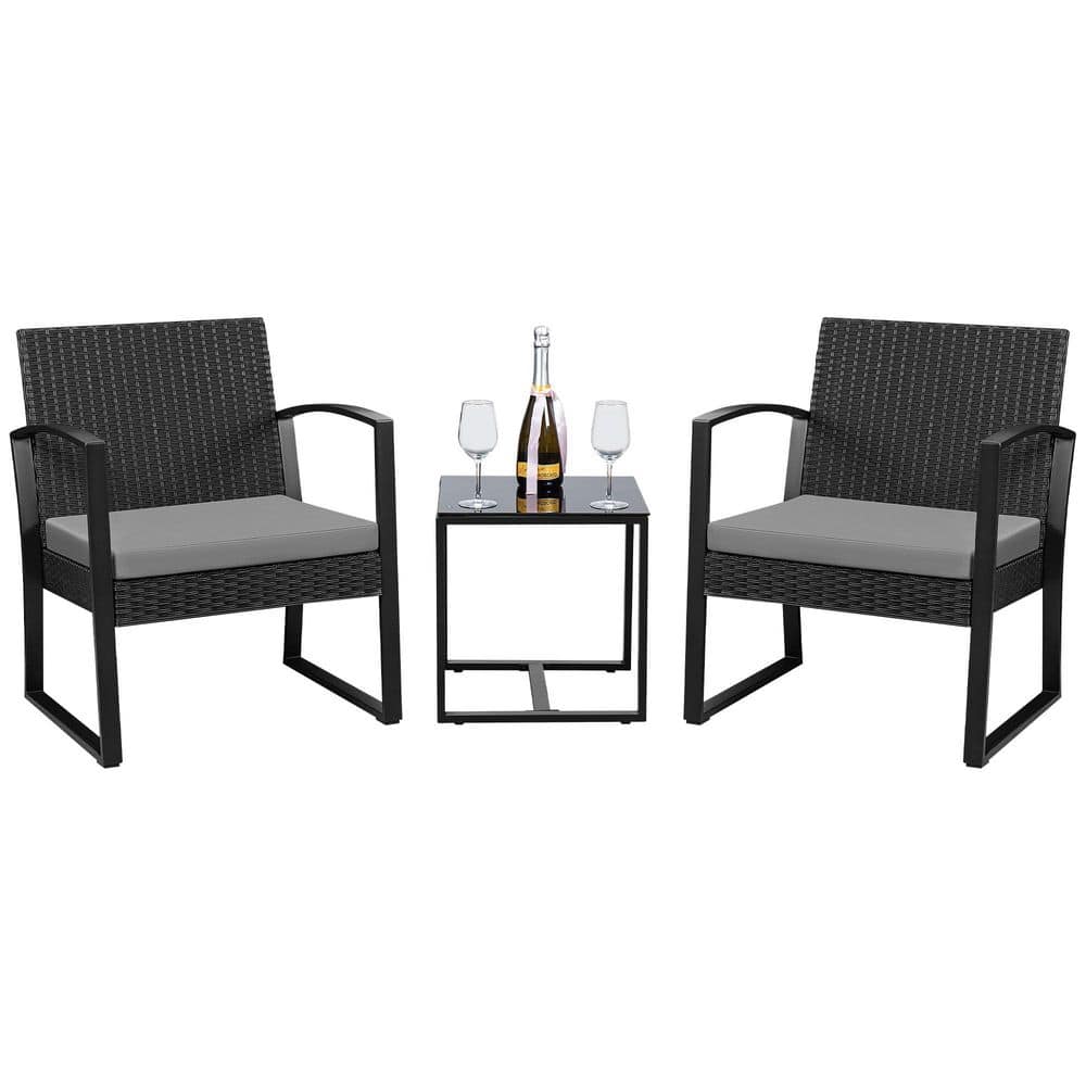 3-Piece Plastic Patio Conversation Set with Gray Cushions, Outdoor Resin Ta