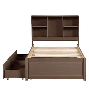 Brown Frame Twin Size Platform Bed with USB Charging Station and Storage Headboard