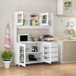 Glass Doors Large Pantry Kitchen Cabinet Buffet with 4-Drawers, Hooks, Open Shelves 74.8 in. H x 63 in. W x 15.7 in. D