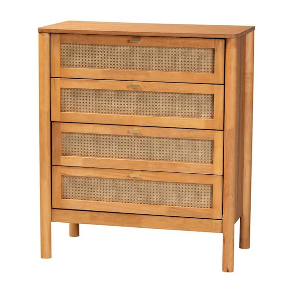Baxton Studio Jenn Golden Brown 4-Drawer 32.7 in. Chest of Drawers with Distressed Rattan