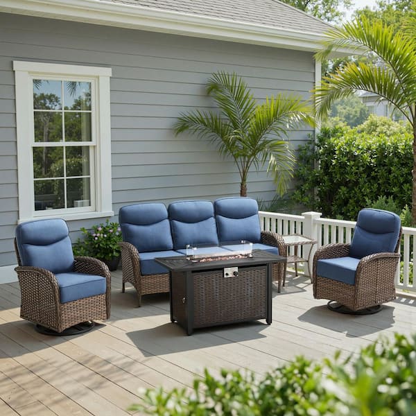 Luna Brown 5-Piece Wicker Outdoor Patio Fire Pit Deep Seating Set with 6 in. Olefin Navy Blue Cushions
