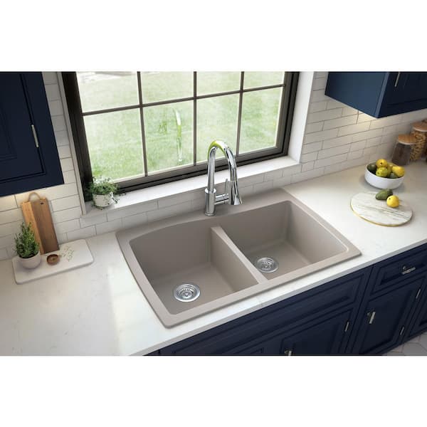 Karran Drop-In Quartz Composite 34 in. 1-Hole 50/50 Double Bowl Kitchen Sink in Concrete
