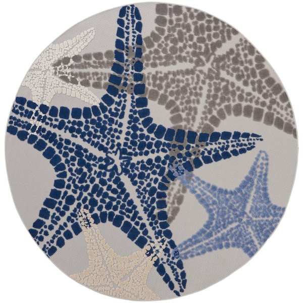 Nourison Aloha Grey/Multi 5 ft. x 5 ft. Coastal Starfish Contemporary Indoor/Outdoor Round Patio Area Rug