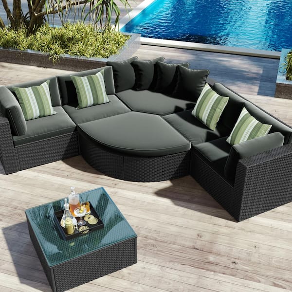 JimsMaison 7-Piece Wicker Patio Conversation Set with Dark Gray Cushions