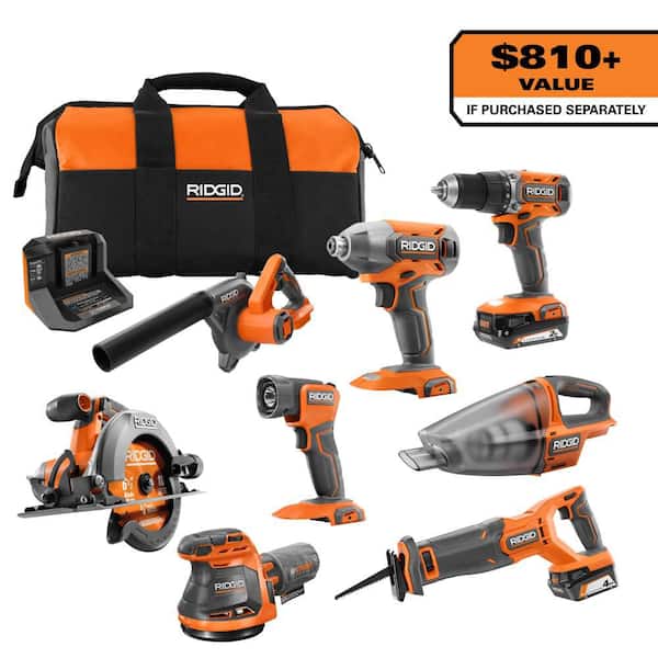18V Cordless 8-Tool Combo Kit with 2.0 Ah Battery, 4.0 Ah Battery, Charger, and Tool Bag