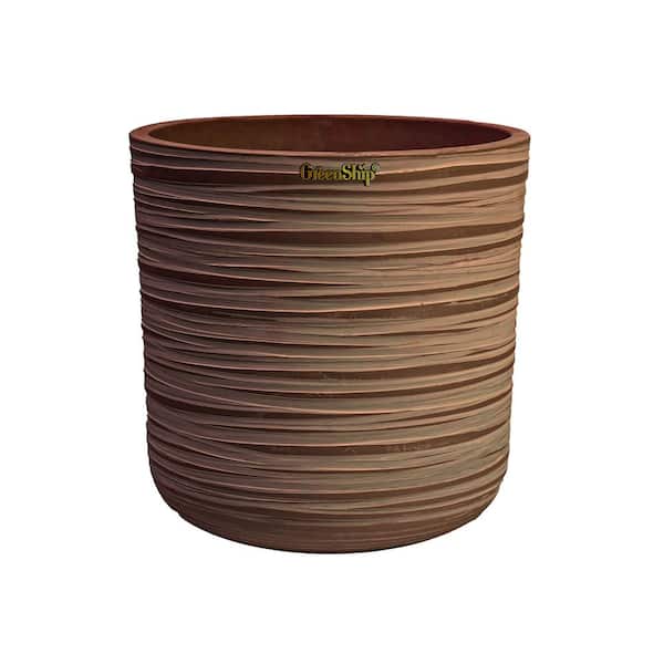 GreenShip Tall Cylinder Carved 9.9 in. W x 9.9 in. H Chocolate Indoor/Outdoor Resin Decorative Planter (1-Pack)