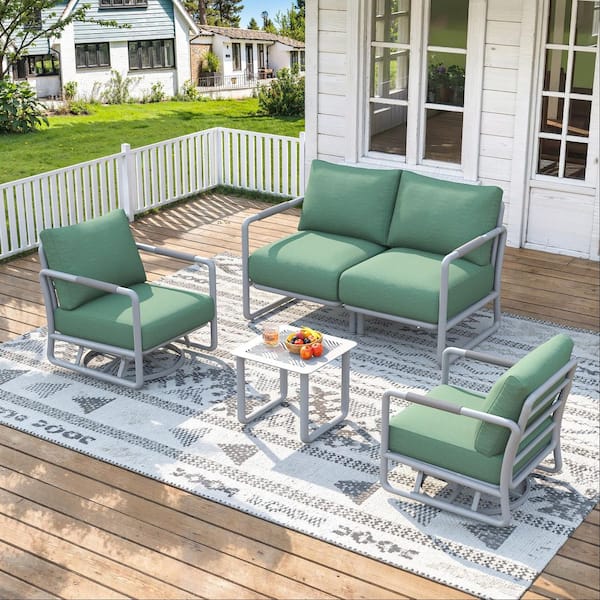 5-Piece Metal Patio Furniture Set, 4-Seats with 2 Coffee Tables and 2 Swivel Rocking Chairs, White
