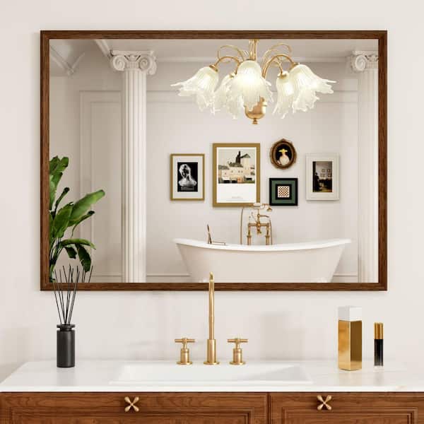 Spigel 40 in. W x 36 in. H Oversize Farmhouse Rectangular Wood Finish Framed Wall Mirror, Tempered Glass Bathroom Vanity Mirror