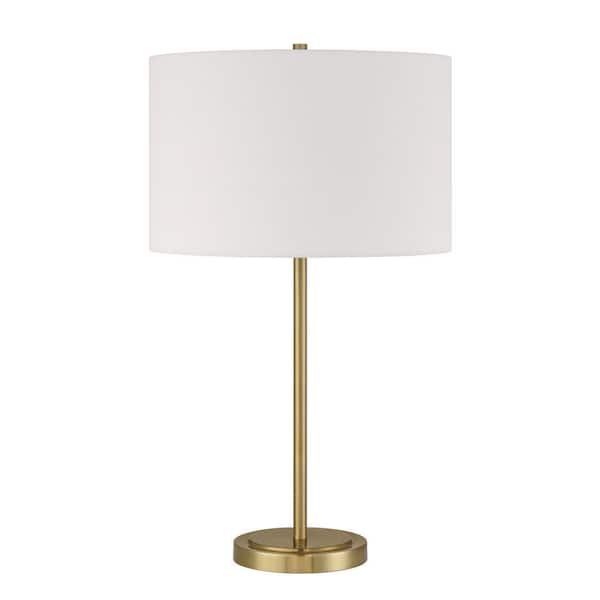Jones 27 in. Satin Brass Finish Contemporary Standard Bulb Candlestick Table Lamp for home with White Linen Shade