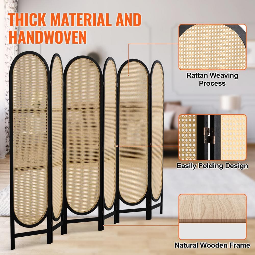 6-Panel Black and Natural Rattan Folding Room Divider