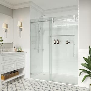 60 in. W x 72 in. H Single Sliding Frameless Shower Door in Brushed Nickel with Easy-Clean 3/8 in. Glass