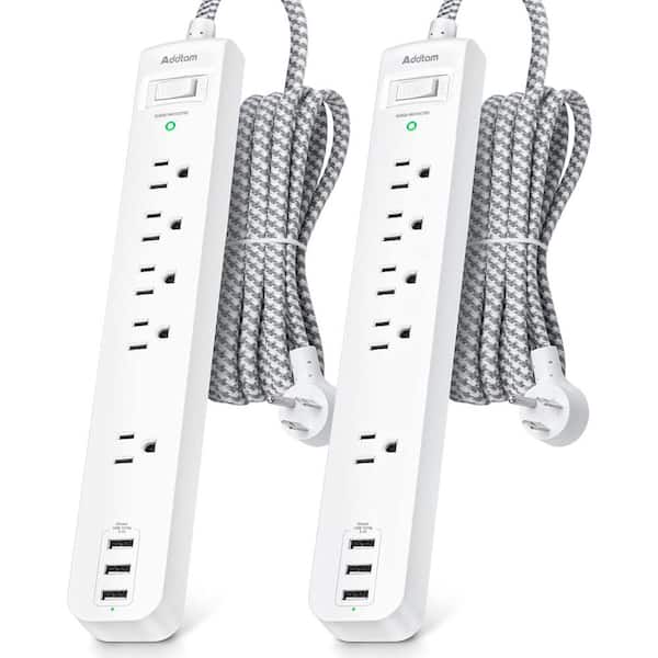 5-Outlet Widely Power Strip Surge Protector Overload with 3 USB Ports, 10 ft. Long Extension Cord in White (2 Pack)
