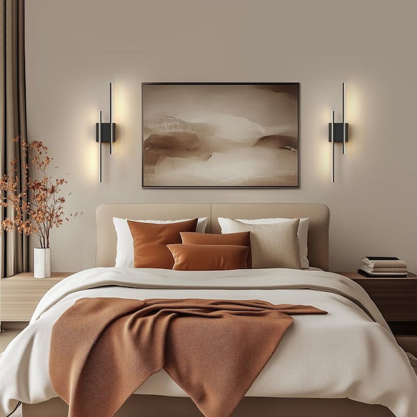 24 in. 2-Light Black Dimmable Wall Sconce Set of 2, Modern Double Rod Wireless Wall Lights for Bedroom Living Room