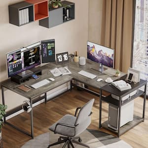 95.4 in. Retro Grey Oak-Dark L-Shaped Computer Desk with Shelves and Monitor Stand