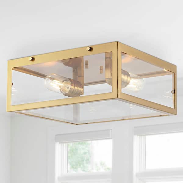 JONATHAN Y Grayson 12 in. 2-Light Brass Gold Bohemian Farmhouse Iron/Glass LED Flush Mount, Clear
