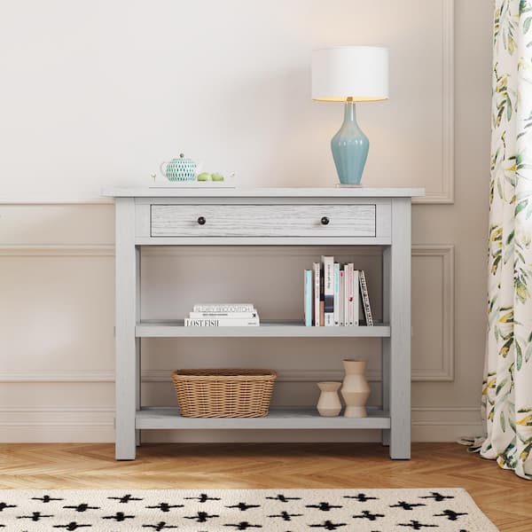36 in. Antique White Rectangle MDF Console Table with Drawer and 2 Shelves