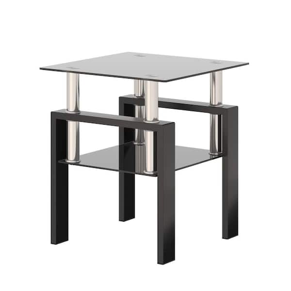 Angel Sar 1-Piece 17.72 in. Modern Square Tempered Glass End Table with Metal Leg for Living Room, Black