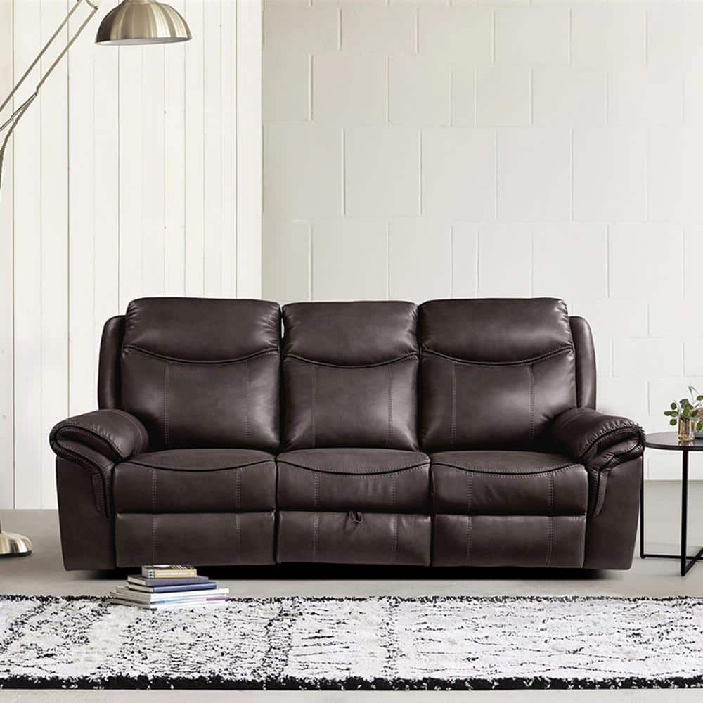 Dark Brown Faux Leather Reclining Sofa with Storage and Cup Holders