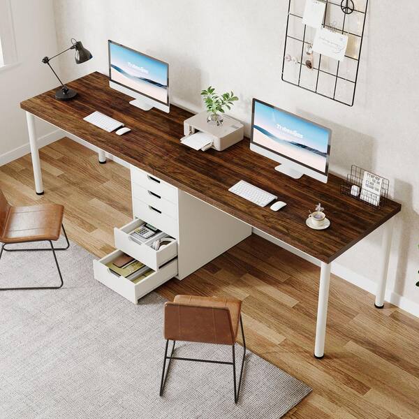BYBLIGHT Moronia 78.74 in. Rectangular White and Brown Wood and Metal 5 Drawer Dual Executive Computer Desk 2 Person Desk BB RY0152QP