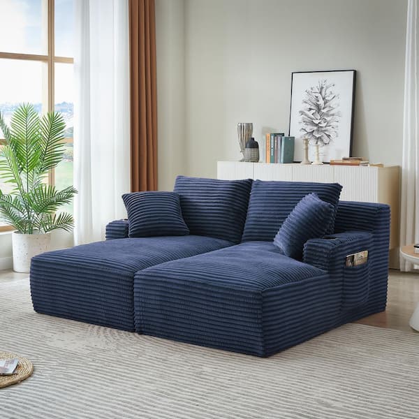 Daphne 70.9 in. Blue Corduroy Upholstered Square Arm Compressible Double Chaise Lounge with Cupholders
