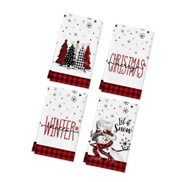 Red and Black Polyester Buffalo Plaid Snowman Christmas Kitchen Towels, Soft Absorbent Dish Towels for Winter (Set of 4)