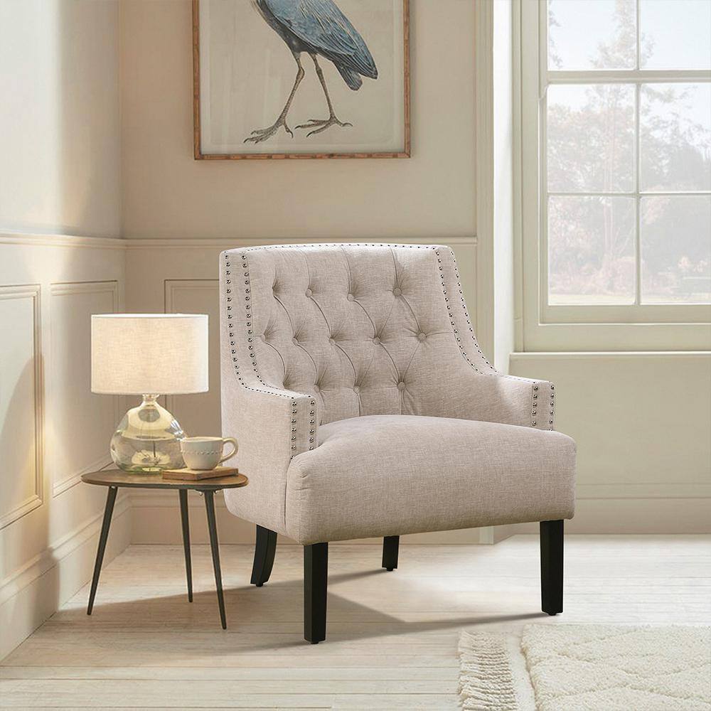 Beige Chenille Slope Arm Accent Chair with Nailhead Trim