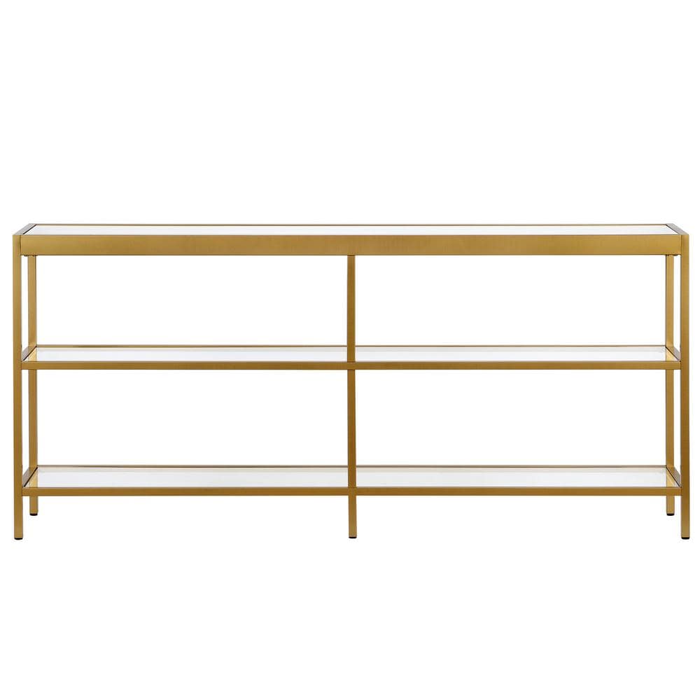 Evelyn & Zoe 64" Brass-Tempered Glass Console Table with Storage