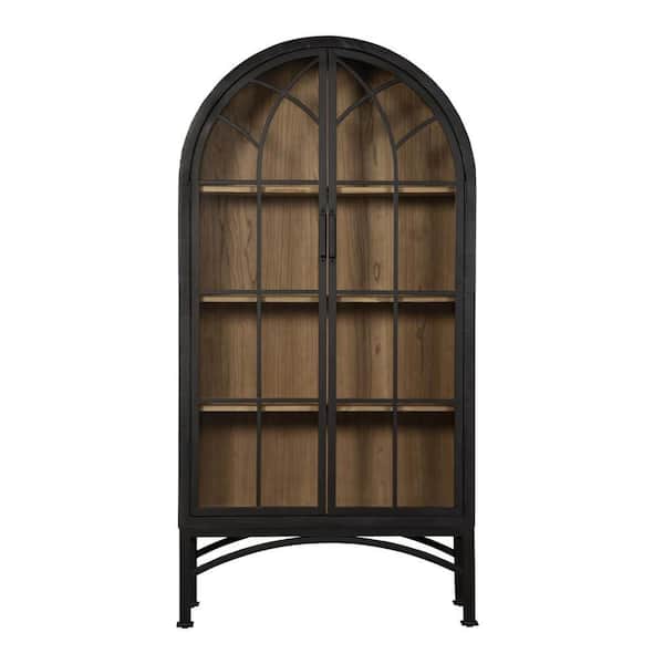 Veria Black  43 in. Iron China Display Cabinet with 2 Glass Door and  Arch Frame