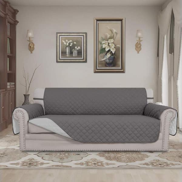 Gray and Light Gray Polyester Quilted Reversible Slipcover with Anti-Slip Foam Sticks and Straps for 3-Cushion Sofa