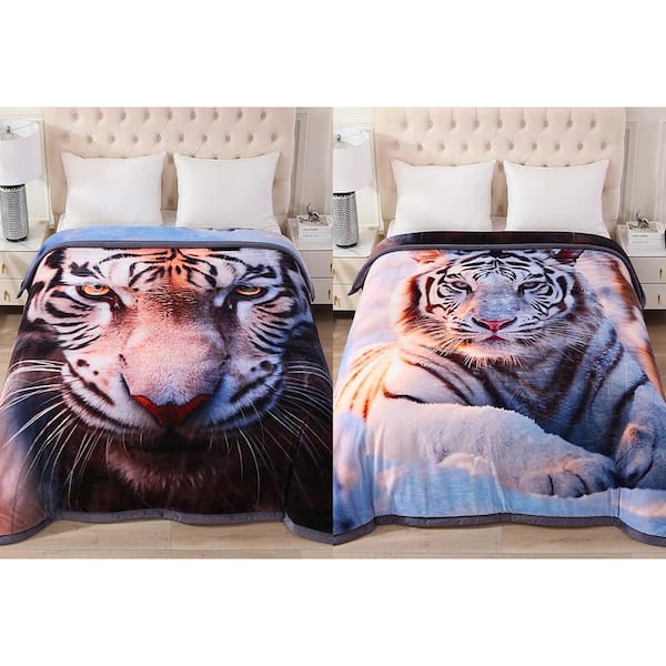 White Tiger 3-Ply Reversible Polyester Fleece Blanket for Winter 85 in. x 93 in. 8 lbs.