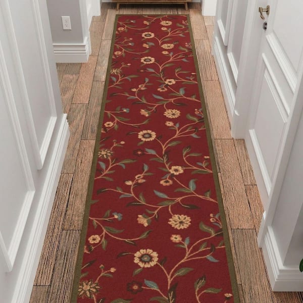 Homeline Non-Slip Rubberback 3 ft. x 43 ft. Floral Leaves Indoor, Dark Red Runner Rug