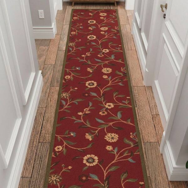 Homeline Non-Slip Rubberback 3 ft. x 55 ft. Floral Leaves Indoor Runner Rug, Dark Red