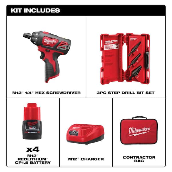 M12 12V Lithium-Ion Cordless 1/4 in. Hex Screwdriver Kit with (4) 1. 5Ah Batteries, Charger, Tool Bag, 3 Pc Step Bit Set
